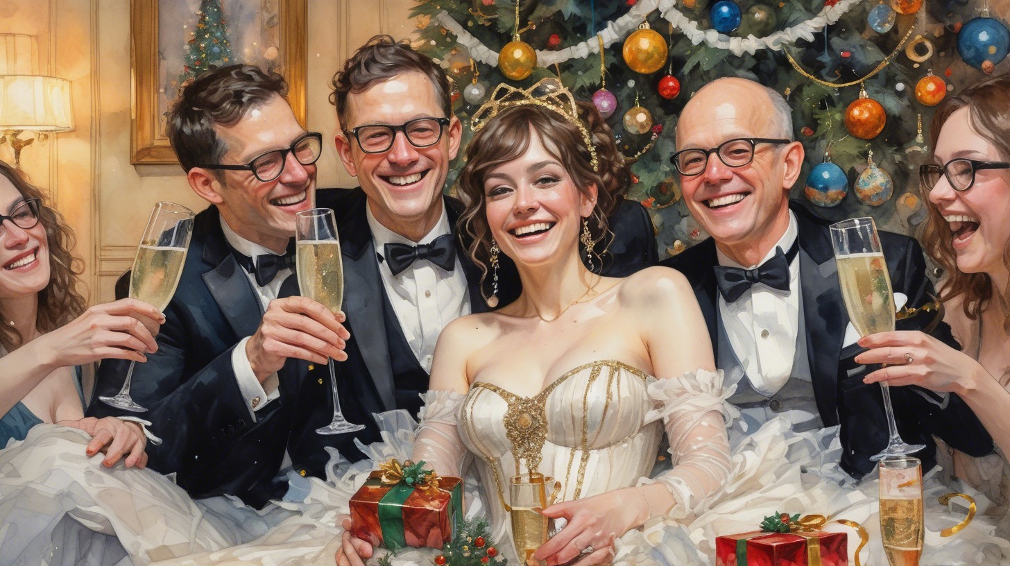 Celebration Scene with Joyous Group and Christmas Tree