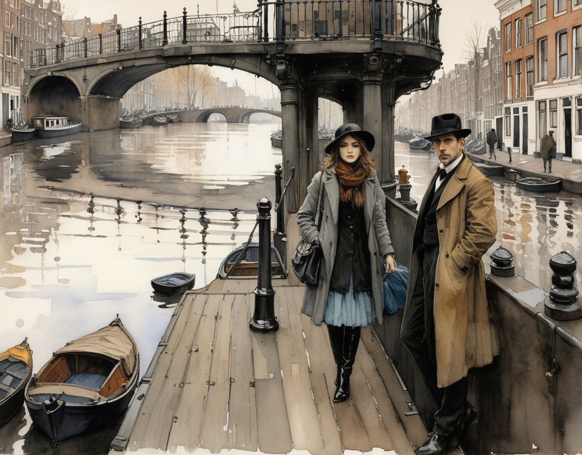 Stylish Couple on Amsterdam Canal Dock at Dusk