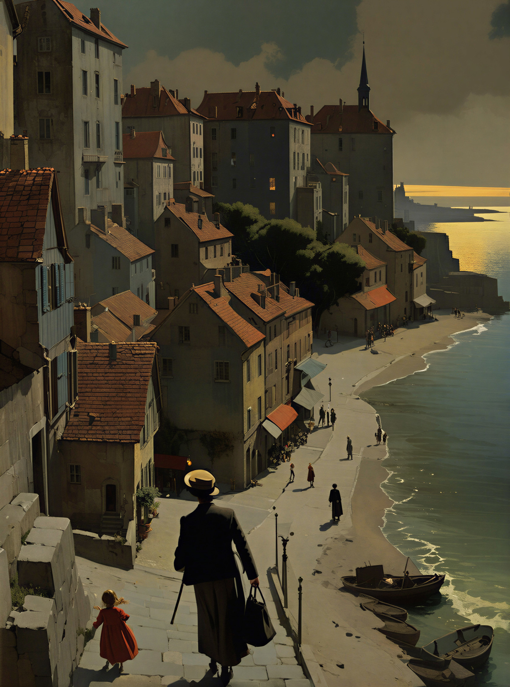 Tranquil Coastal Village at Sunset with Golden Light