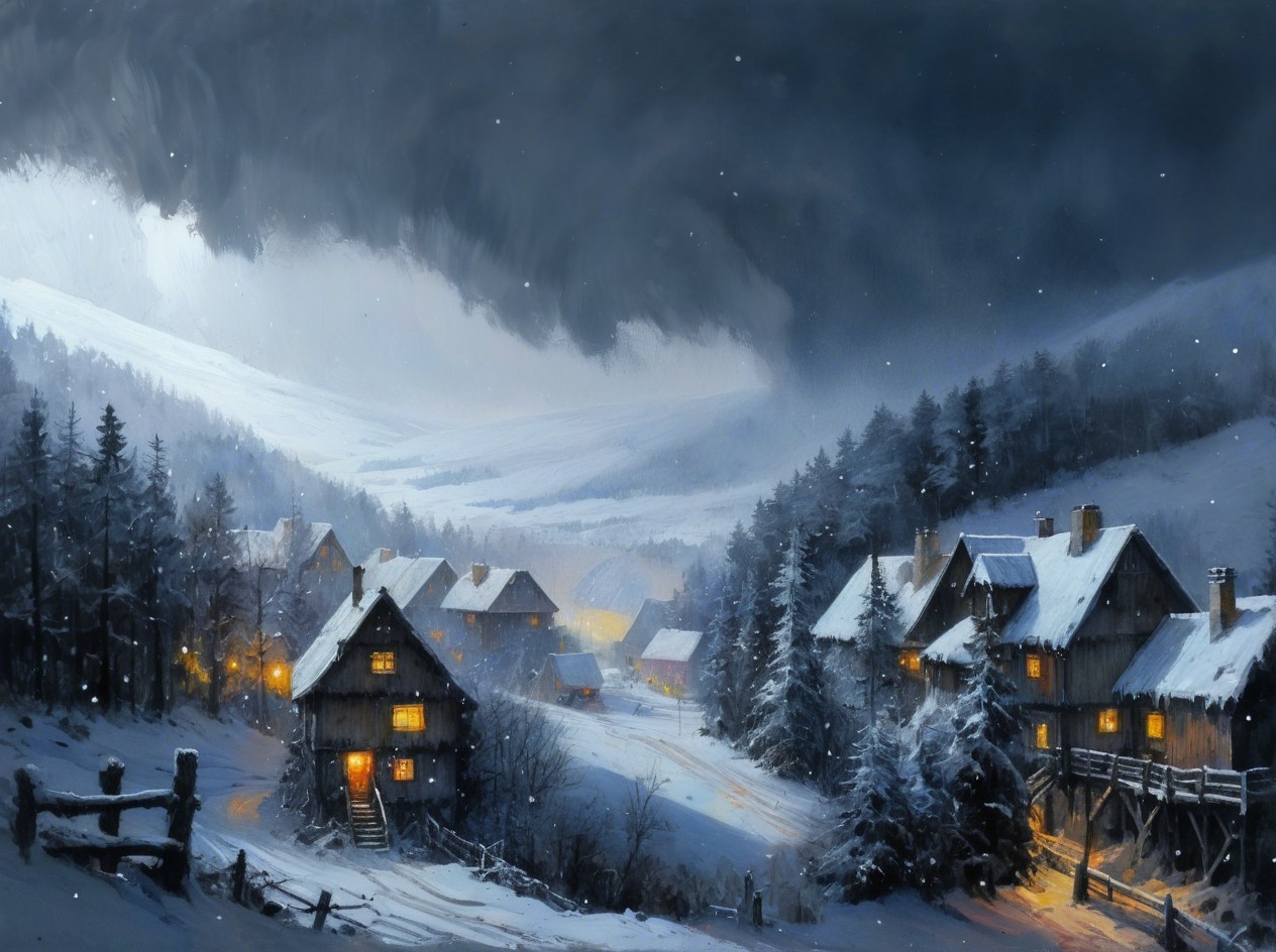 Cozy Winter Village in Snowy Valley Oil Painting