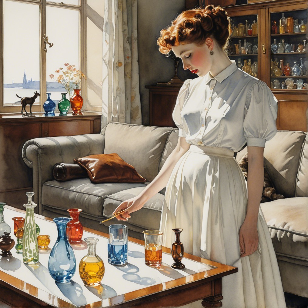 Young woman in vintage dress examines colorful glass vials
