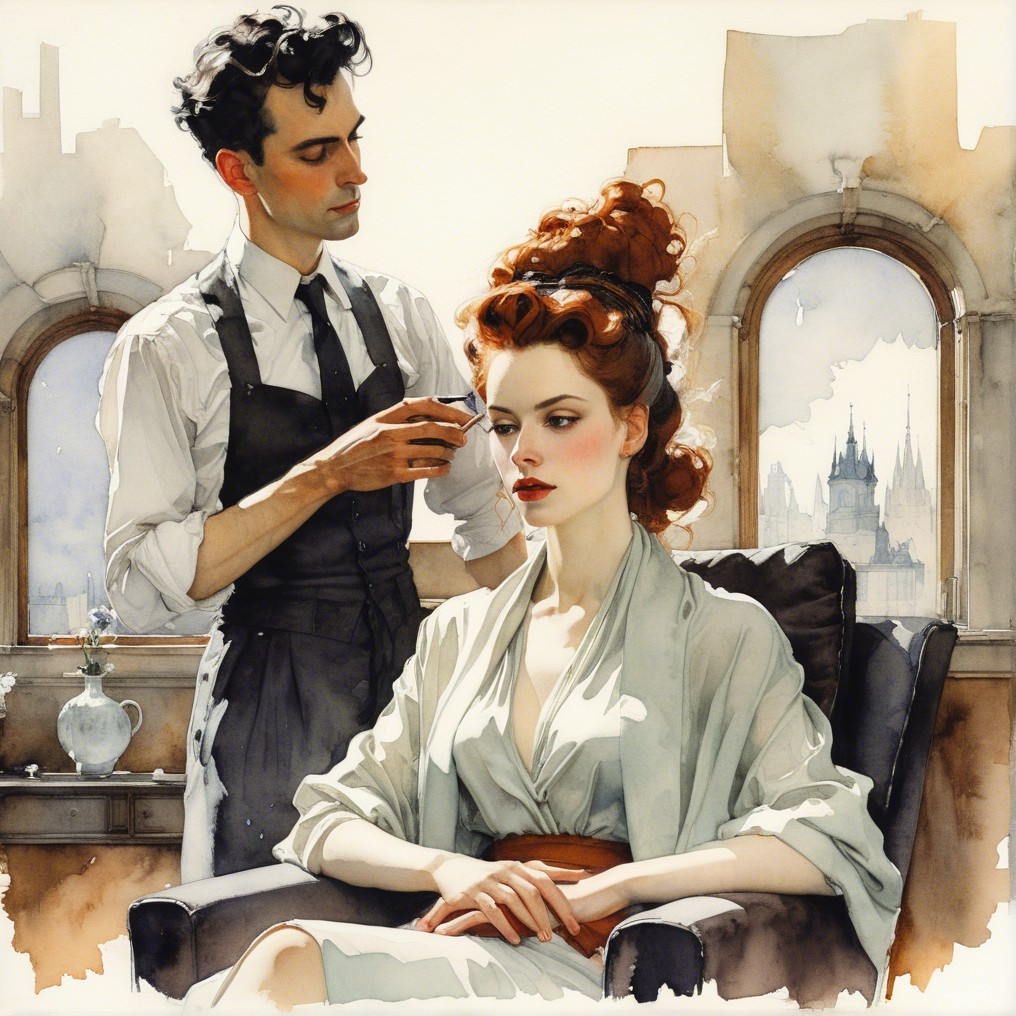 Hair Styling in a Sunlit Room with Cityscape View