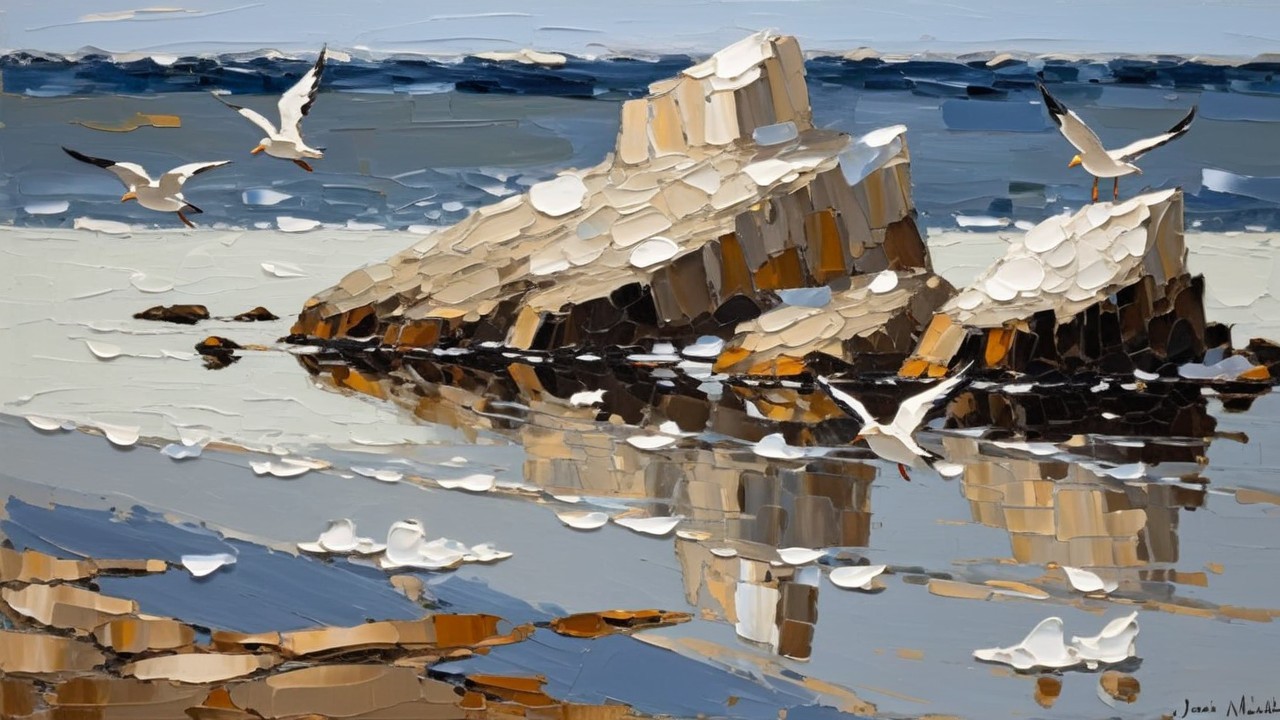 Serene Coastal Scene with Rocks and Seagulls