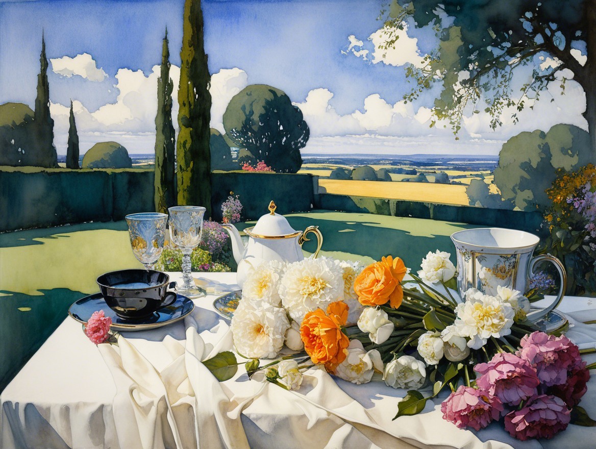 Serene Outdoor Table Setting with Flowers and Greenery