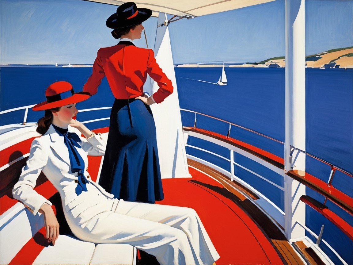 Elegant Women on a Boat Overlooking Blue Sea