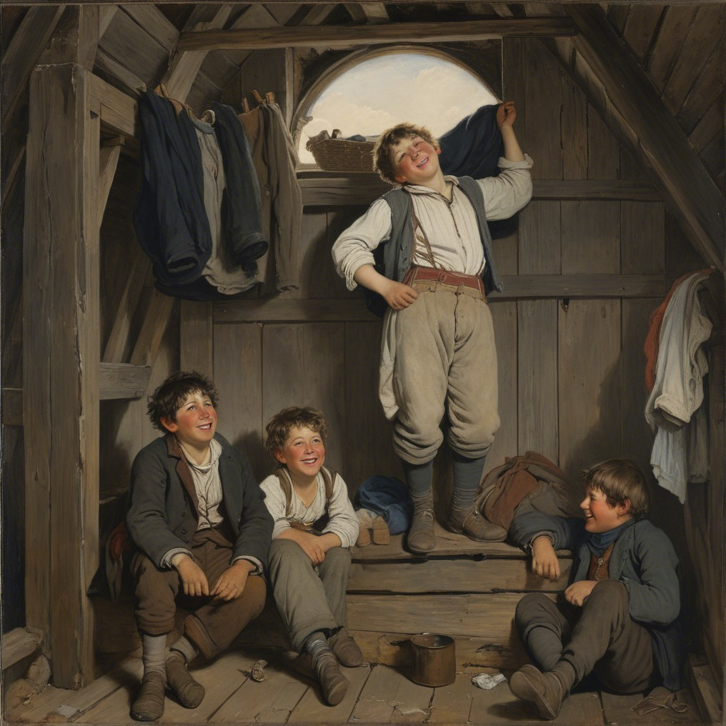 Group of Boys in a Rustic Attic Setting