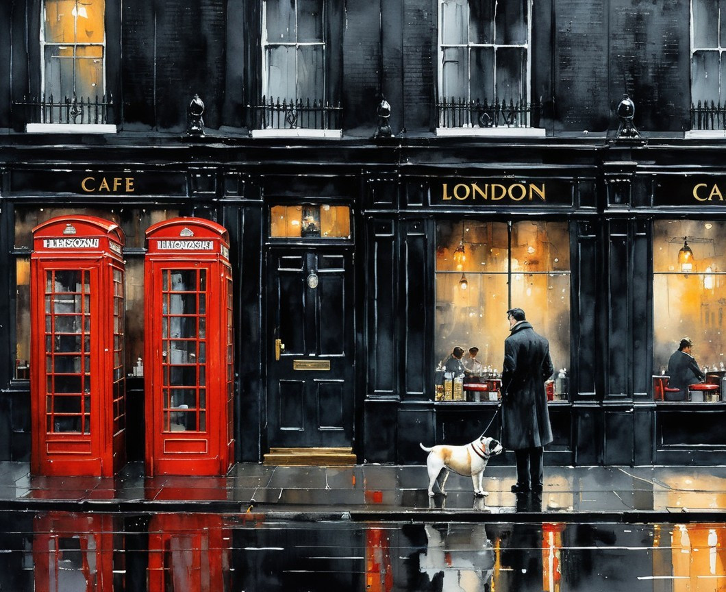 Man with dog outside café in London with telephone booths