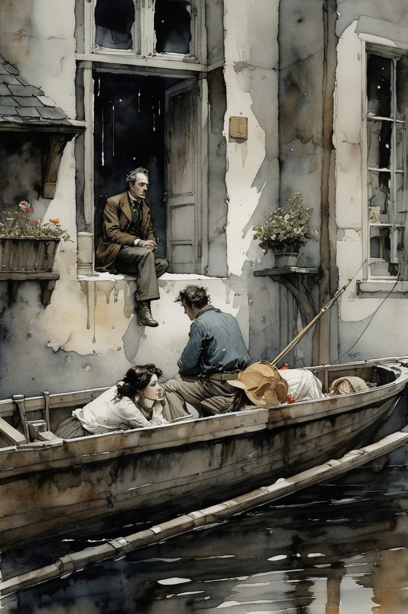 Serene Waterside Scene with People and Charming Architecture