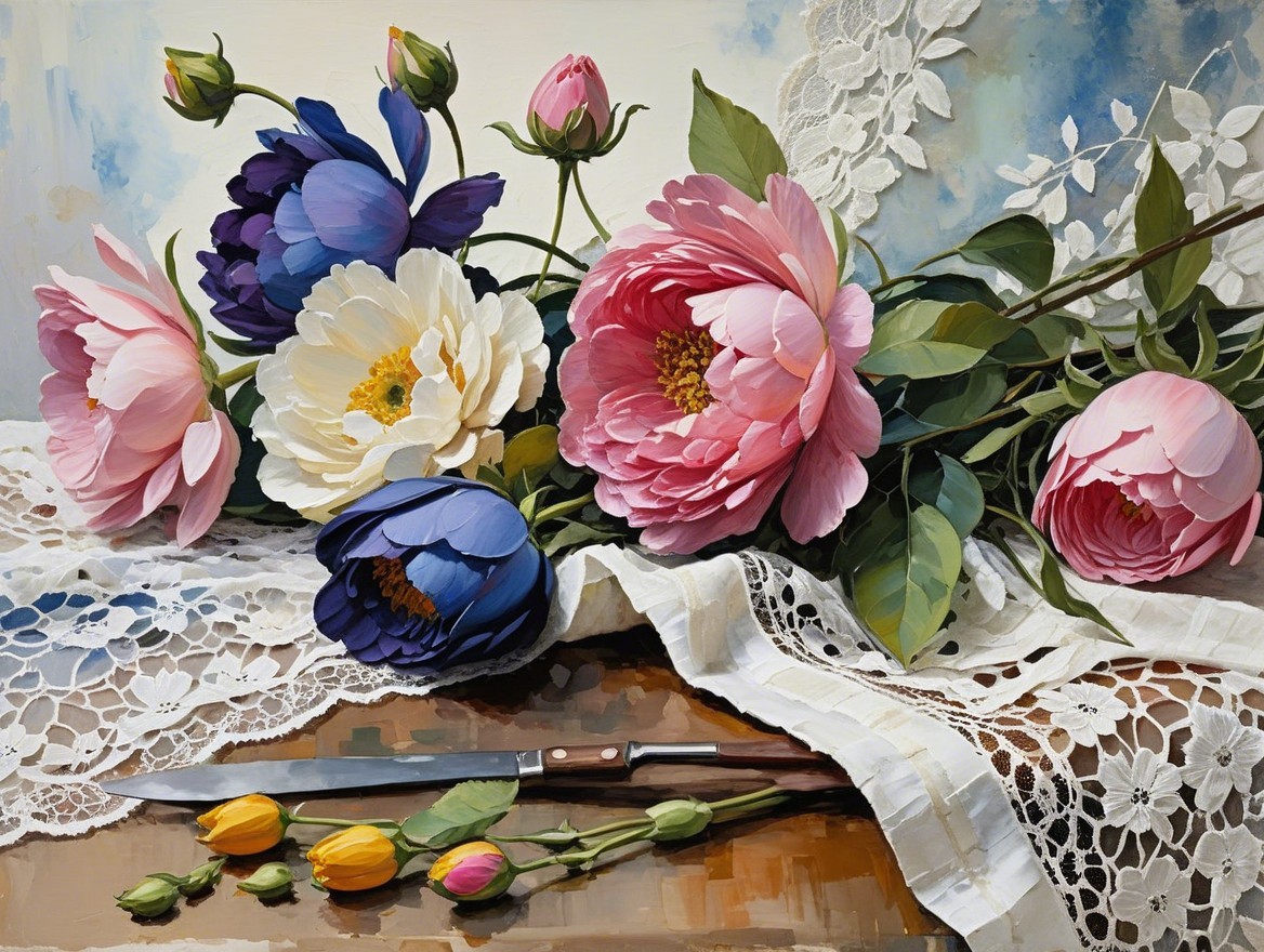 Vibrant Still Life with Blooming Flowers and Lace Cloth