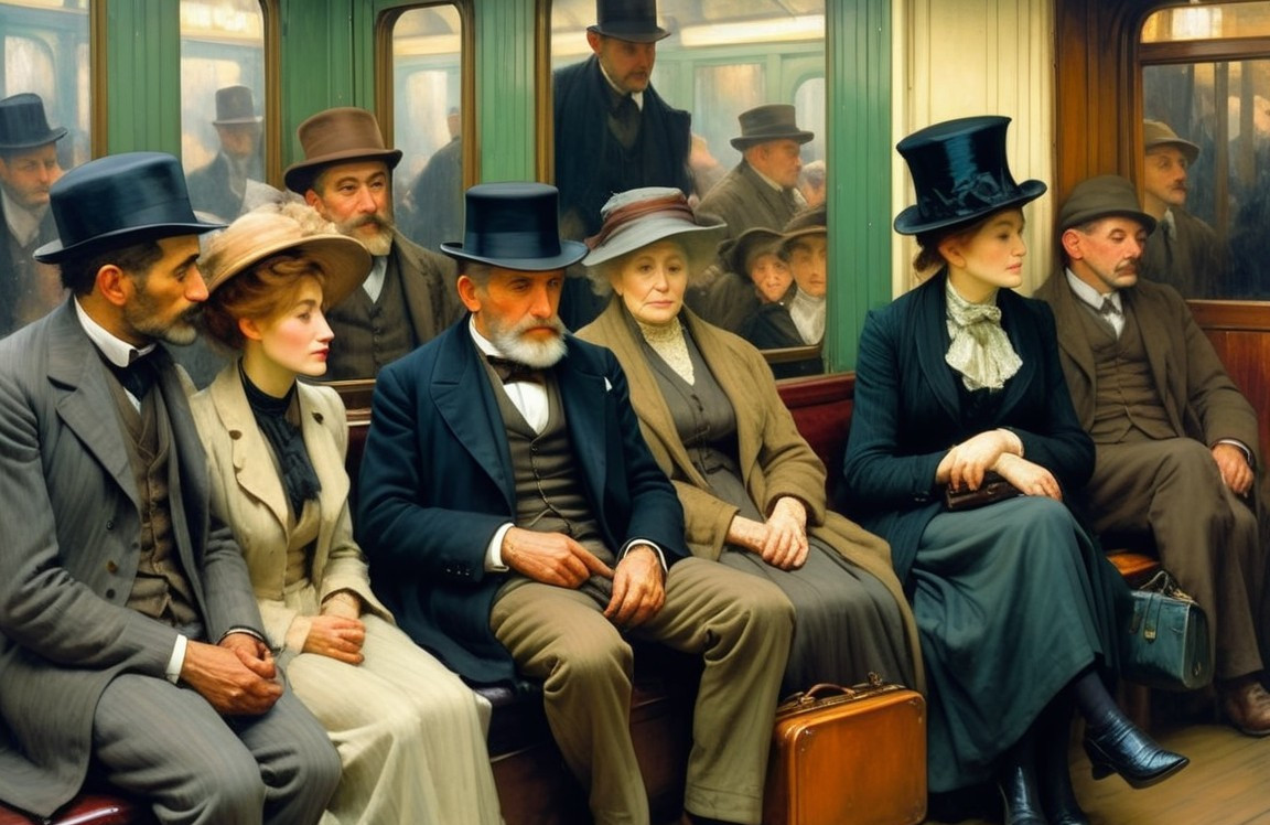 Vintage Subway Car with Elegantly Dressed Passengers