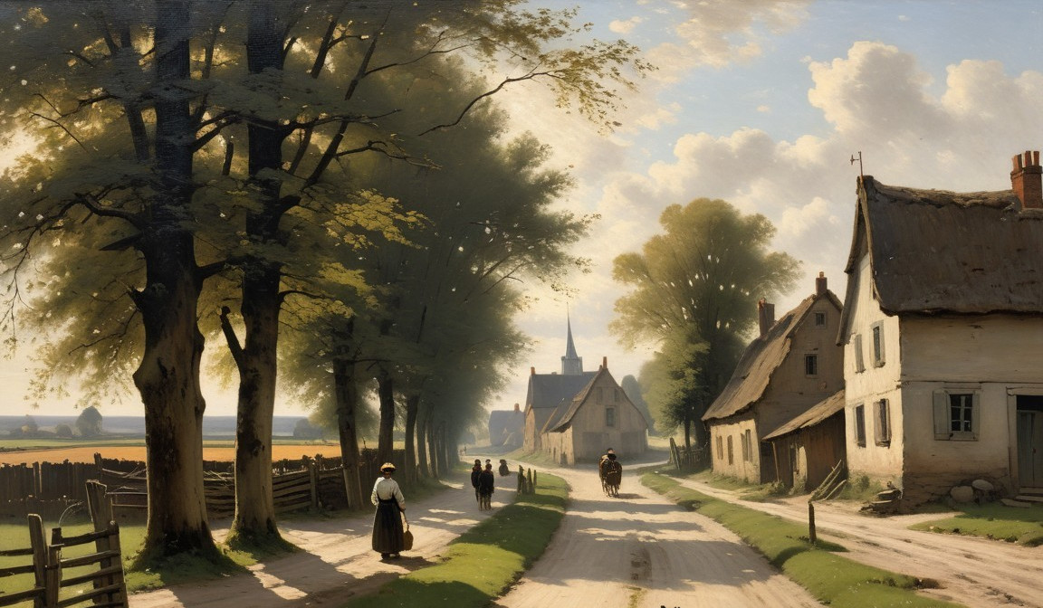 Serene Rural Landscape with Winding Dirt Road and Cottages