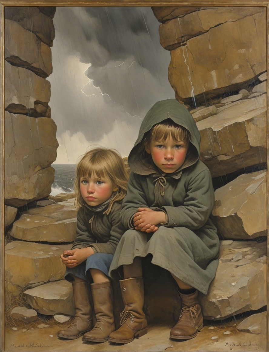 Children in Cloaks Under Rocky Overhang in Stormy Weather