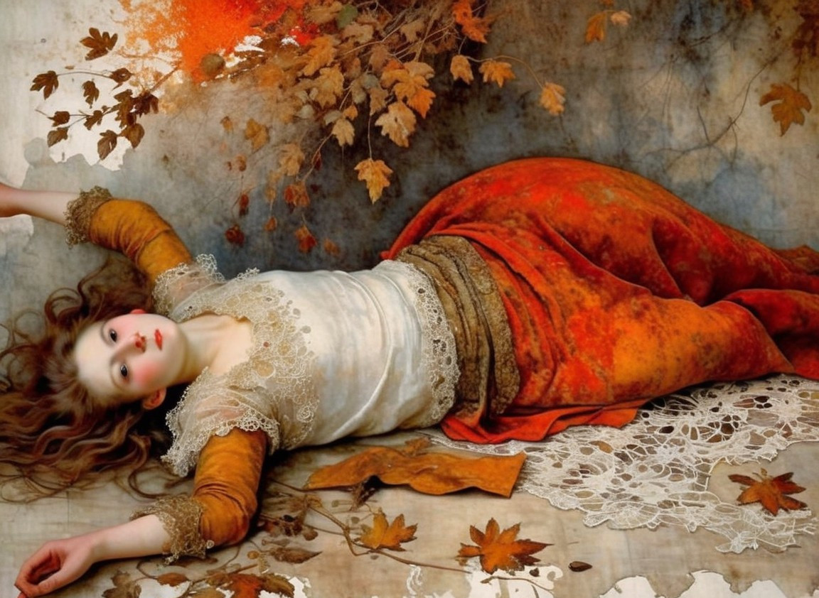 Serene figure in vibrant orange skirt among autumn leaves
