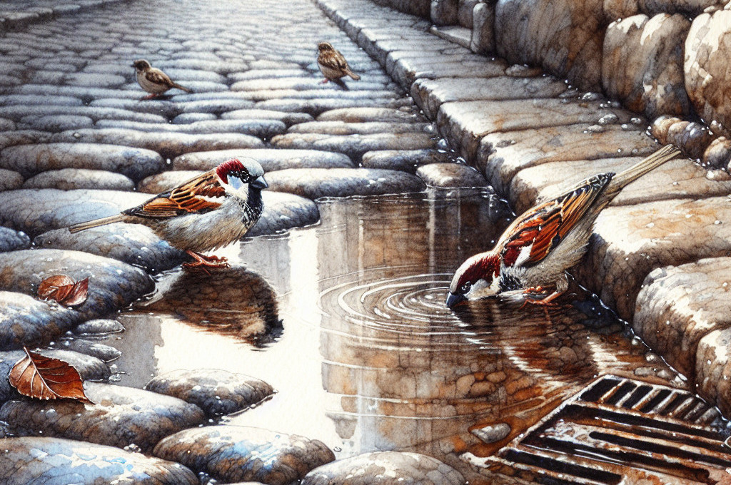 Watercolor Painting of Sparrows on Cobblestone Street