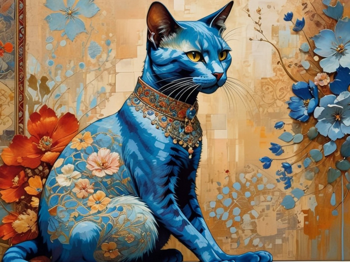 Regal Blue Cat Against Floral Patterned Backdrop
