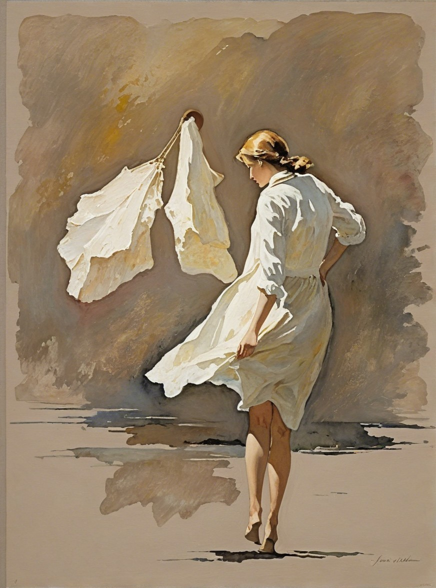 Serene Figure in Flowing Dress Amidst Earth Tones