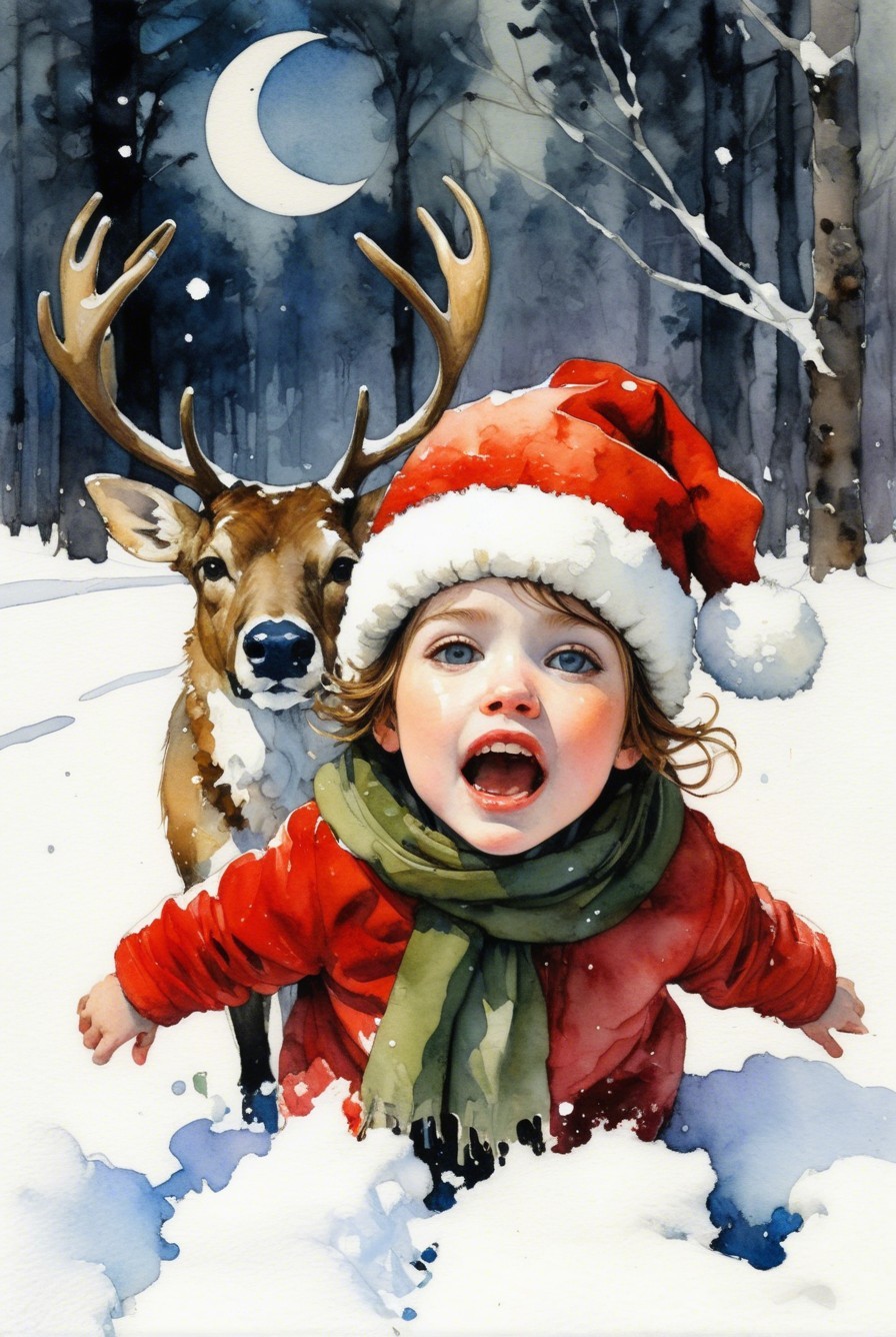 Watercolor of a girl with reindeer in snowy forest
