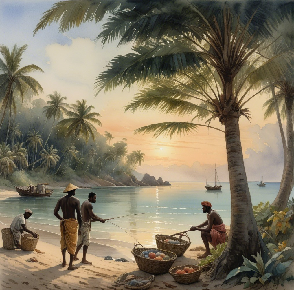 Coastal Sunrise Scene with Fishermen and Palm Trees