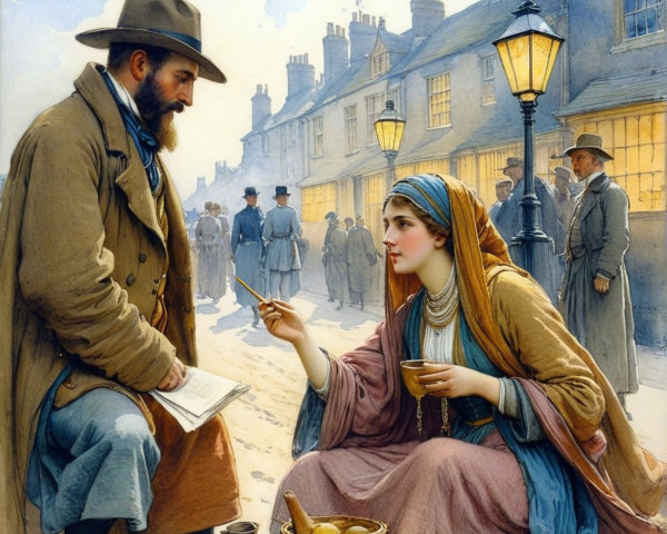 Historic street scene with gas lamps and period attire