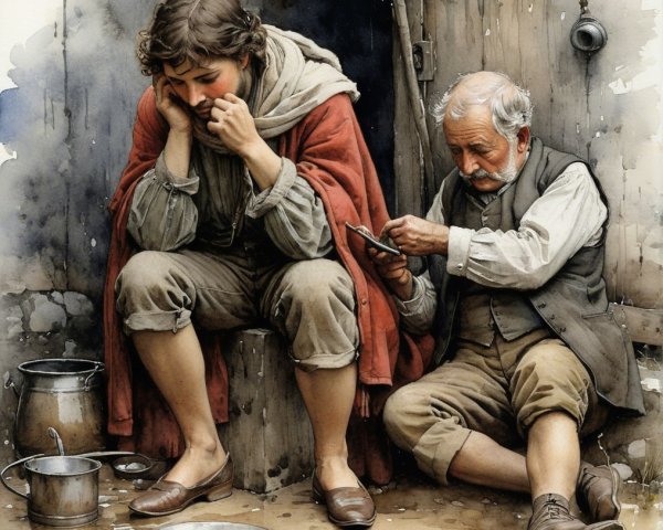 Young boy and elderly man in rustic contemplation