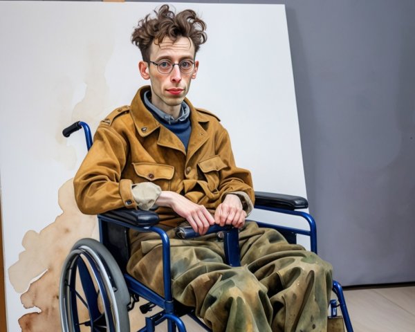 Young man in wheelchair with abstract painting backdrop