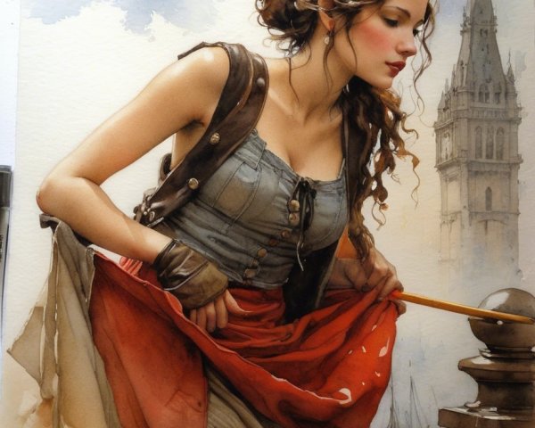 Young woman in elegant rustic attire by harbor scene