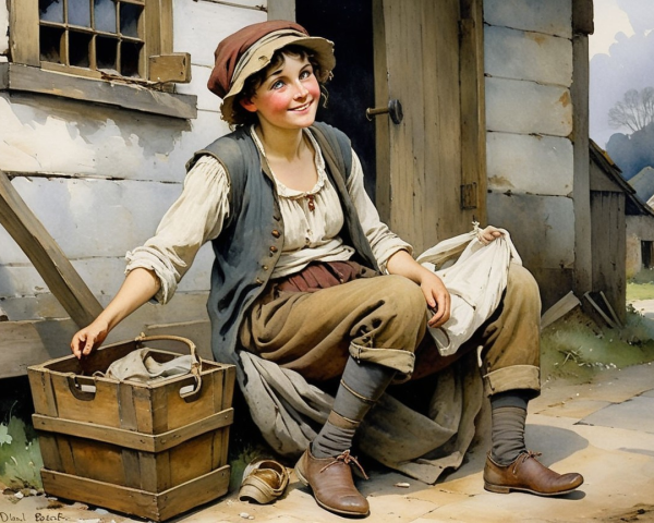 Young woman in period attire by wooden building