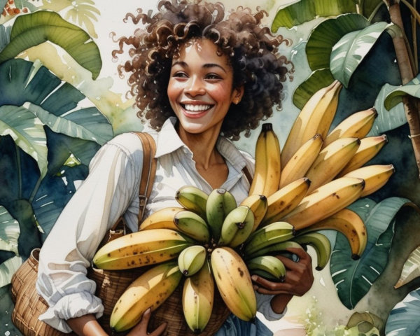 Woman with Basket of Bananas in Tropical Setting