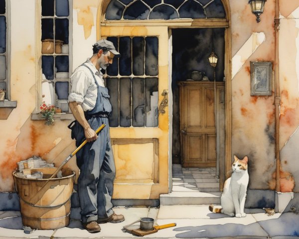 Man in Work Attire with Cat at Sunlit Doorway