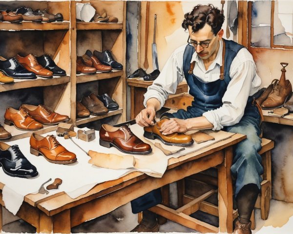 Cobbler Crafting Leather Shoes in Workshop Setting