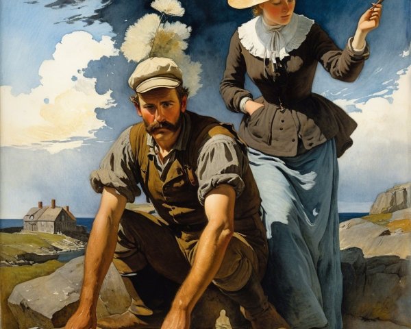 19th-Century Rural Life with Man and Woman in Landscape