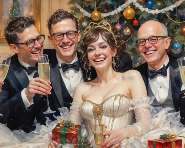 Celebration Scene with Joyous Group and Christmas Tree