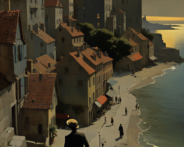 Tranquil Coastal Village at Sunset with Golden Light