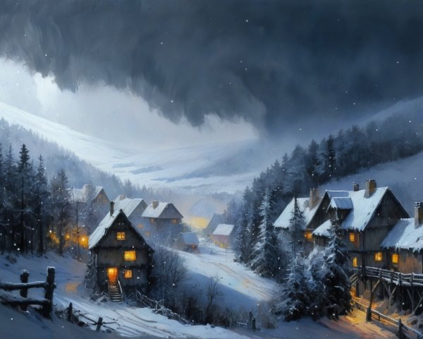Cozy Winter Village in Snowy Valley Oil Painting