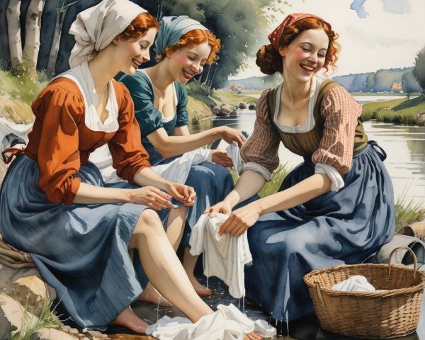 Women with Red Hair Washing Clothes by a River