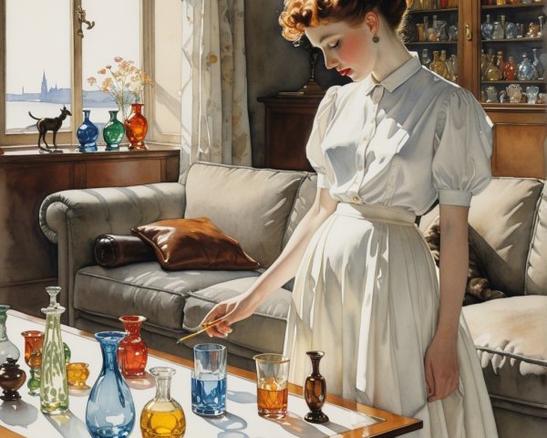 Young woman in vintage dress examines colorful glass vials
