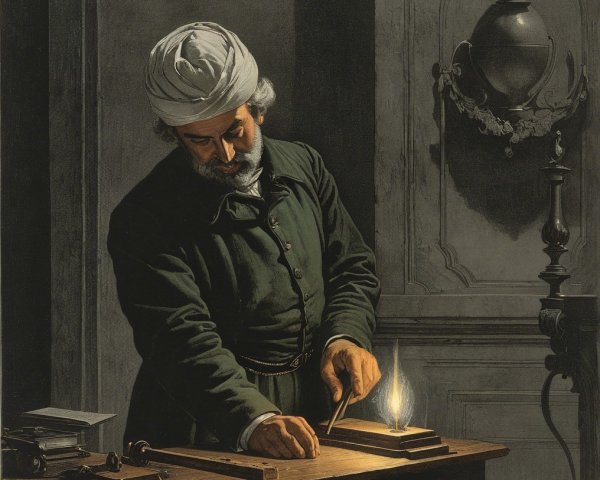 Focused Man in Traditional Attire Working at Table