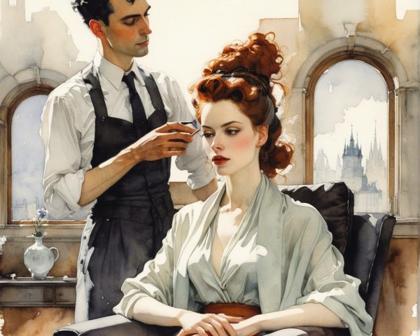 Hair Styling in a Sunlit Room with Cityscape View