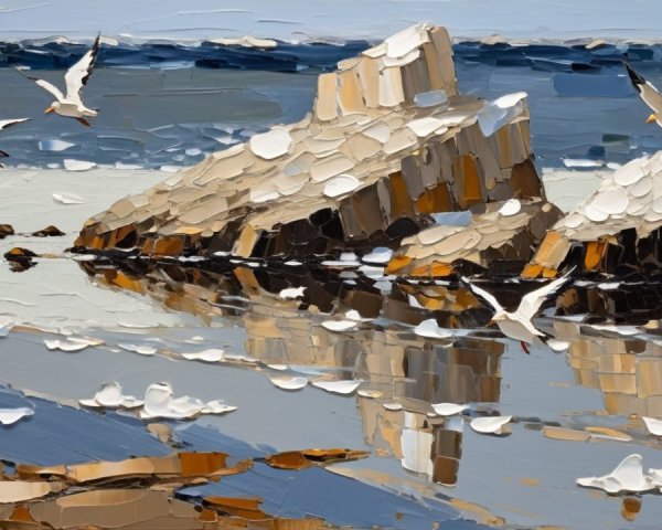 Serene Coastal Scene with Rocks and Seagulls