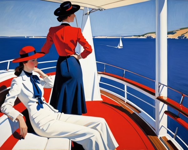 Elegant Women on a Boat Overlooking Blue Sea