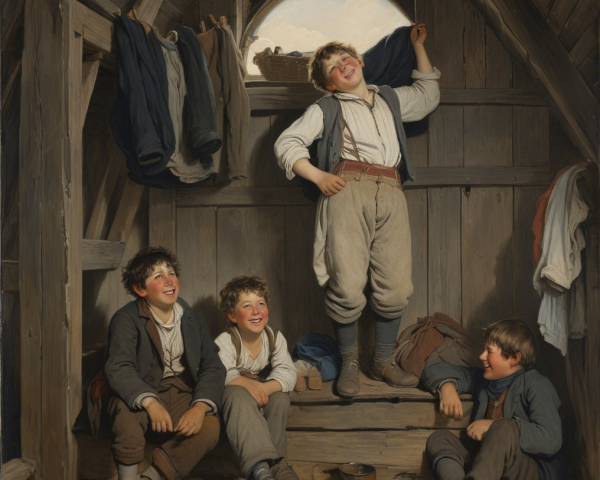 Group of Boys in a Rustic Attic Setting