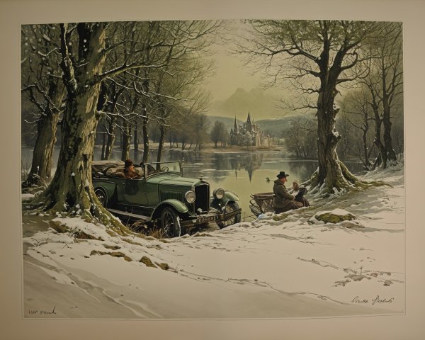 Serene Winter Landscape with Vintage Car and Lake