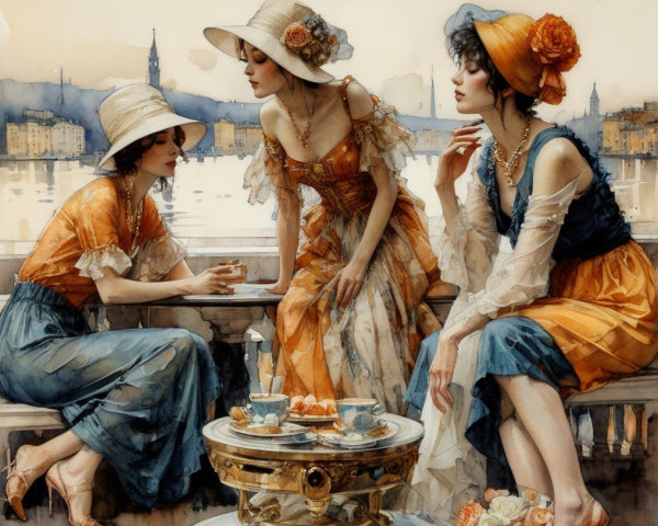 Elegant Women by Waterfront in Fashionable Attire