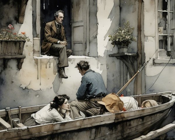 Serene Waterside Scene with People and Charming Architecture