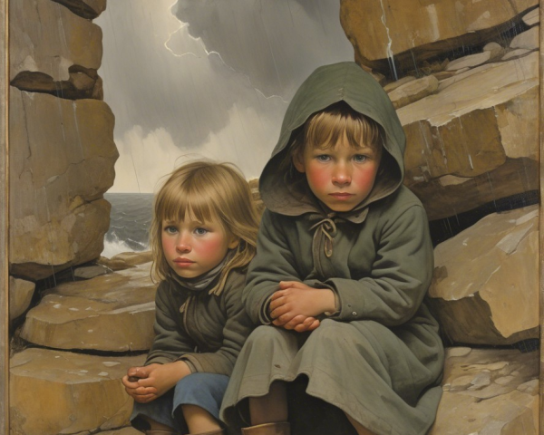 Children in Cloaks Under Rocky Overhang in Stormy Weather