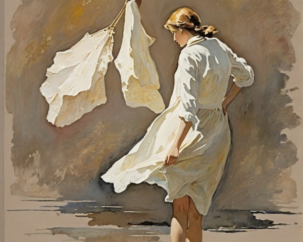 Serene Figure in Flowing Dress Amidst Earth Tones