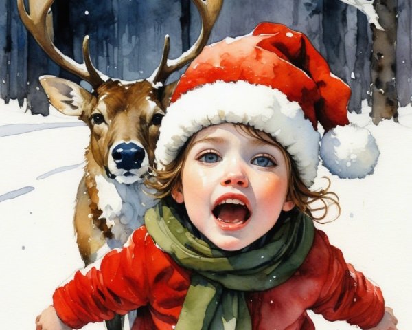 Watercolor of a girl with reindeer in snowy forest