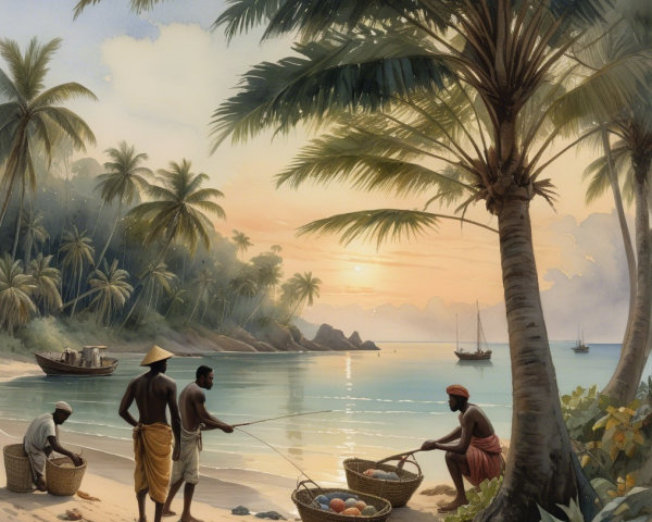 Coastal Sunrise Scene with Fishermen and Palm Trees