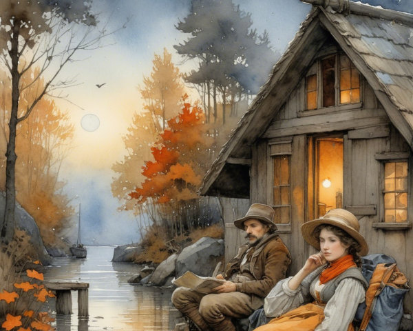 Tranquil Lake Scene with Autumn Foliage and Cabin