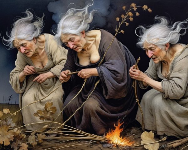 Elderly women crafting by a fire with plants